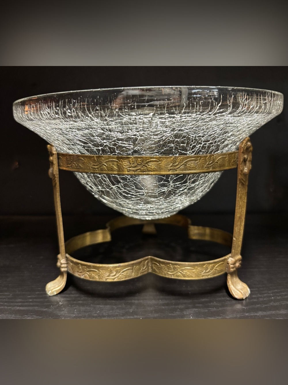 Vintage  Crackle Glass Decorative Bowl  with Brass stand
